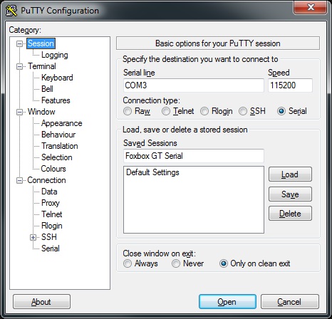 

Type the name you want for your setting and click on the "Save" button.
Then the settings are saved below the Default Settings of PuTTY.

{{:putty_serial_3.jpg?nolink|